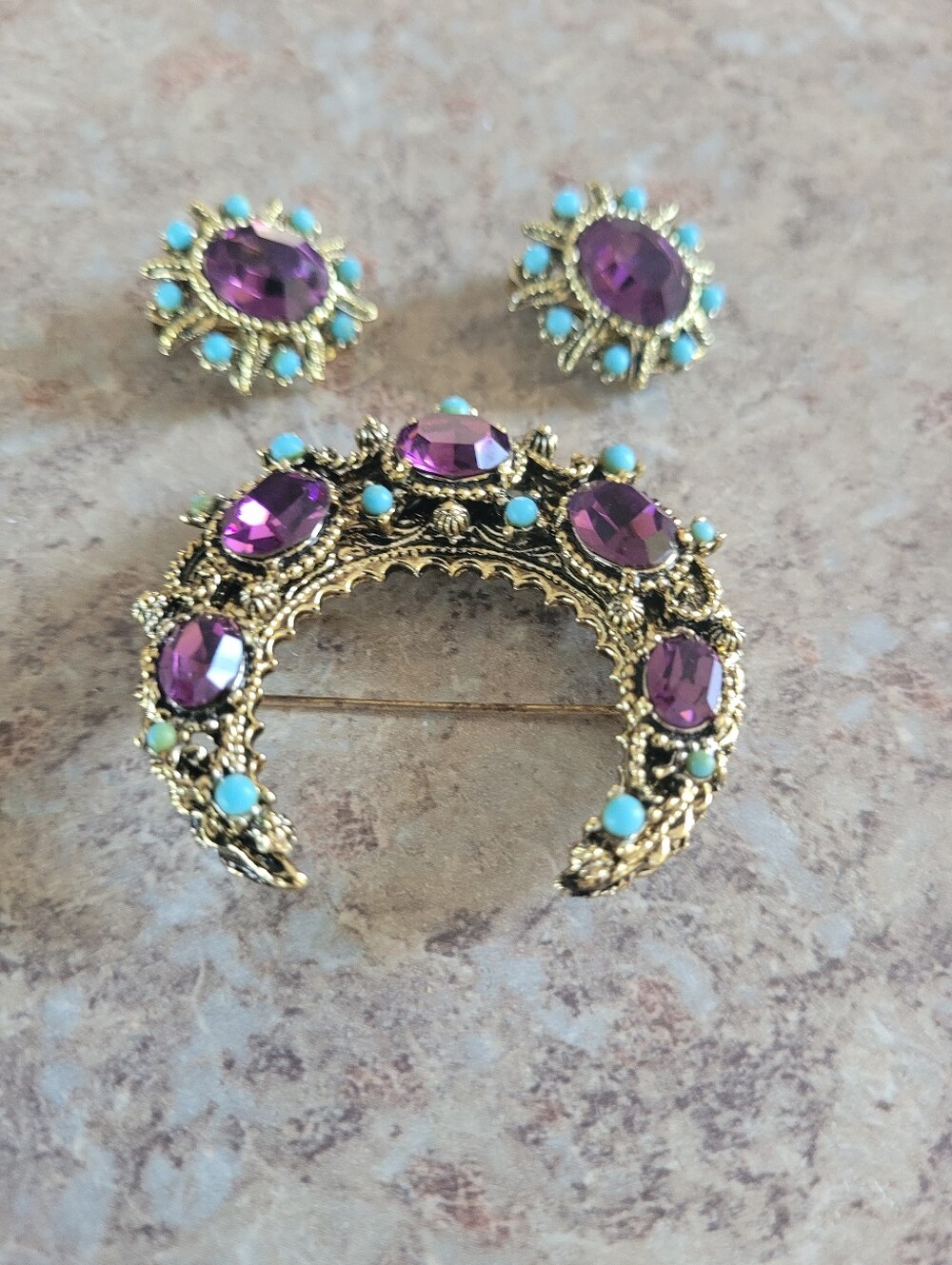 Vintage Gold-Tone Crescent Brooch and Earrings Purple and Turquoise Stones